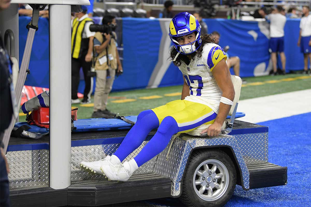 Sep 8, 2024; Detroit, Michigan, USA; Los Angeles Rams wide receiver Puka Nacua (17) is carted off the field after being injured against the Detroit Lions in the first half at Ford Field.