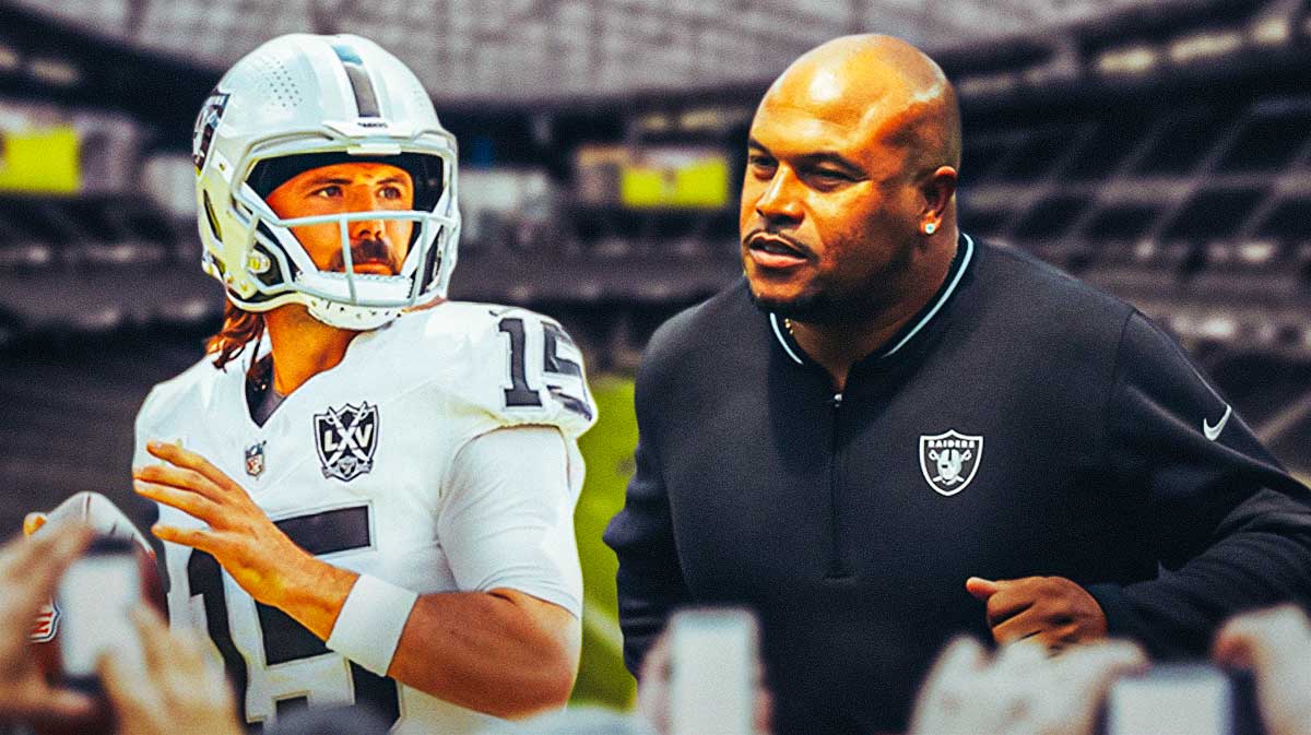 Raiders coach Antonio Pierce and Gardner Minshew in a Las Vegas Raiders uniform throwing a ball as Pierce might make a change from Minshew as QB after Raiders loss to Panthers, a Minshew benching is possible.