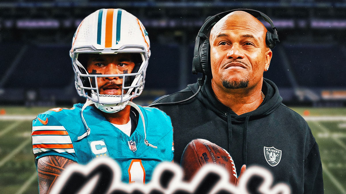 Raiders coach Antonio Pierce looking at Dolphins QB Tua Tagovailoa.