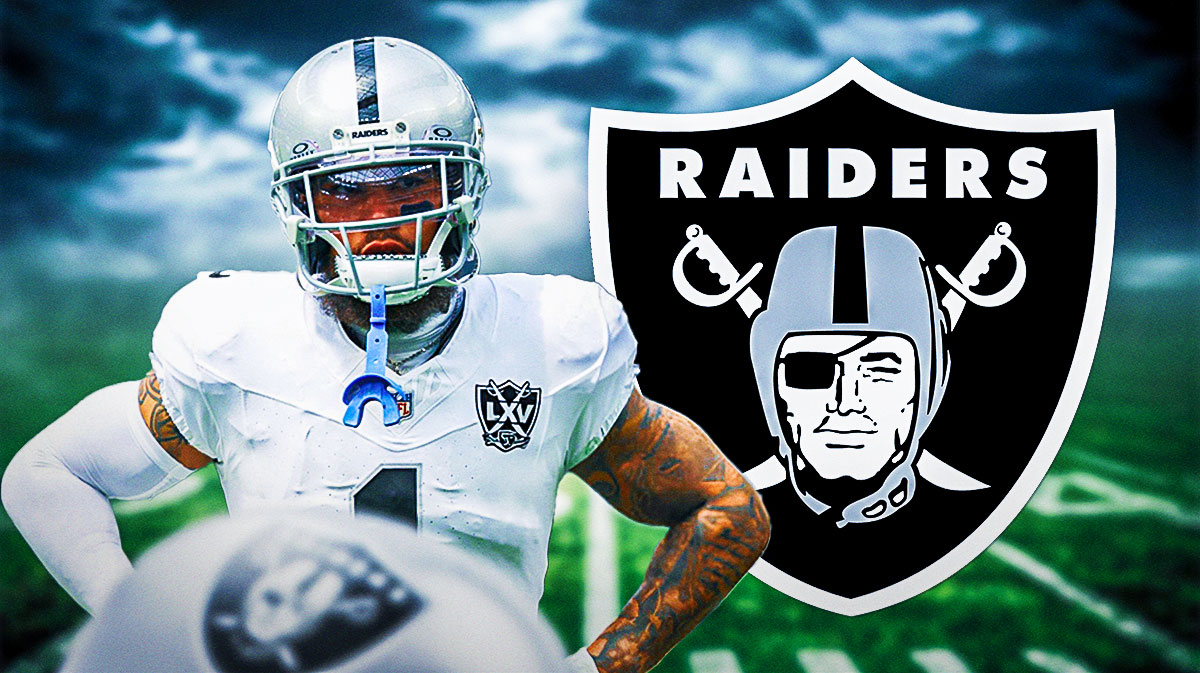 Raiders safety Marcus Epps next to a football field and the Raiders logo