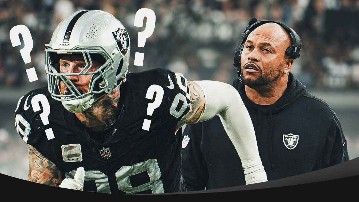 Las Vegas Raiders defensive end Maxx Crosby with question marks around him, and head coach Antonio Pierce.