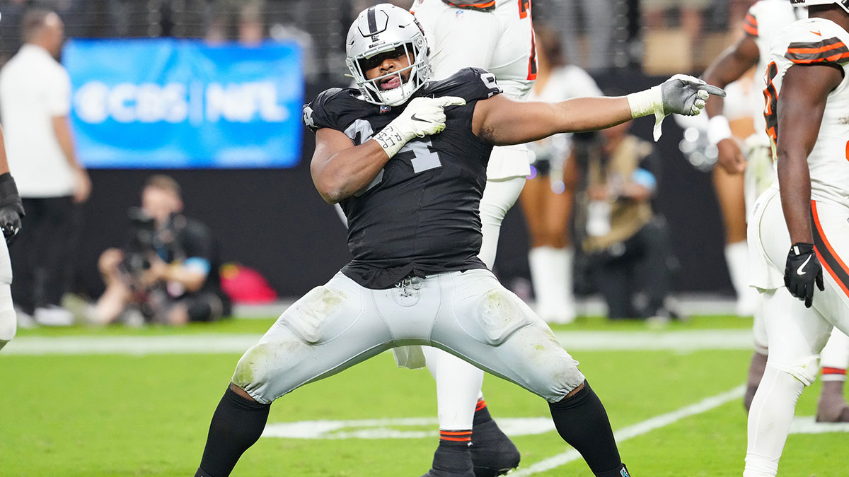Las Vegas Raiders defensive tackle Christian Wilkins (94) celebrates after a penalty overturned a scoring play by the Cleveland Browns during the fourth quarter at Allegiant Stadium.