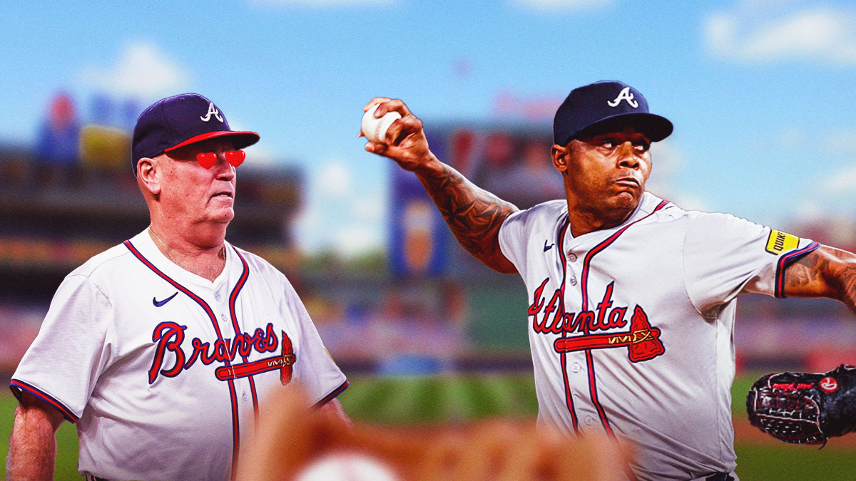 Raisel Iglesias pitching in an Atlanta Braves uniform and manager Brian Snitker watching him with little red hearts in his eyes as Snitker loves Iglesias, thinks he's as good as HOF Braves pitching and the braves playoffs hopes depend on pitching.