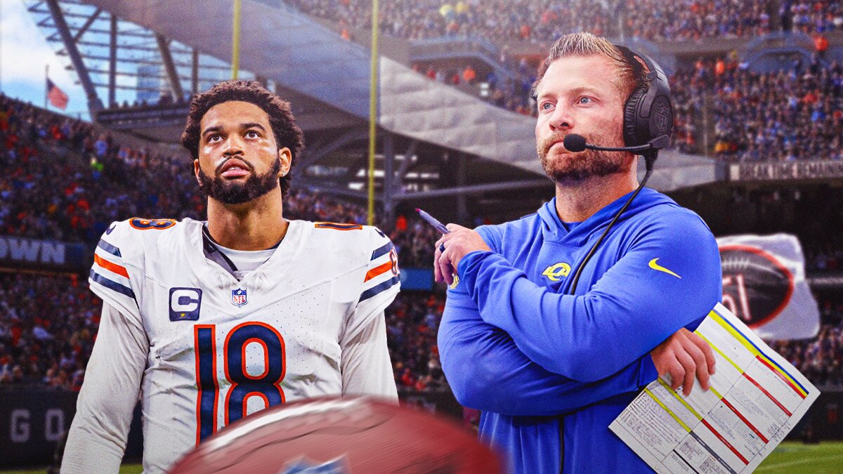 Sean McVay next to Caleb Williams with Soldier Field as the background.