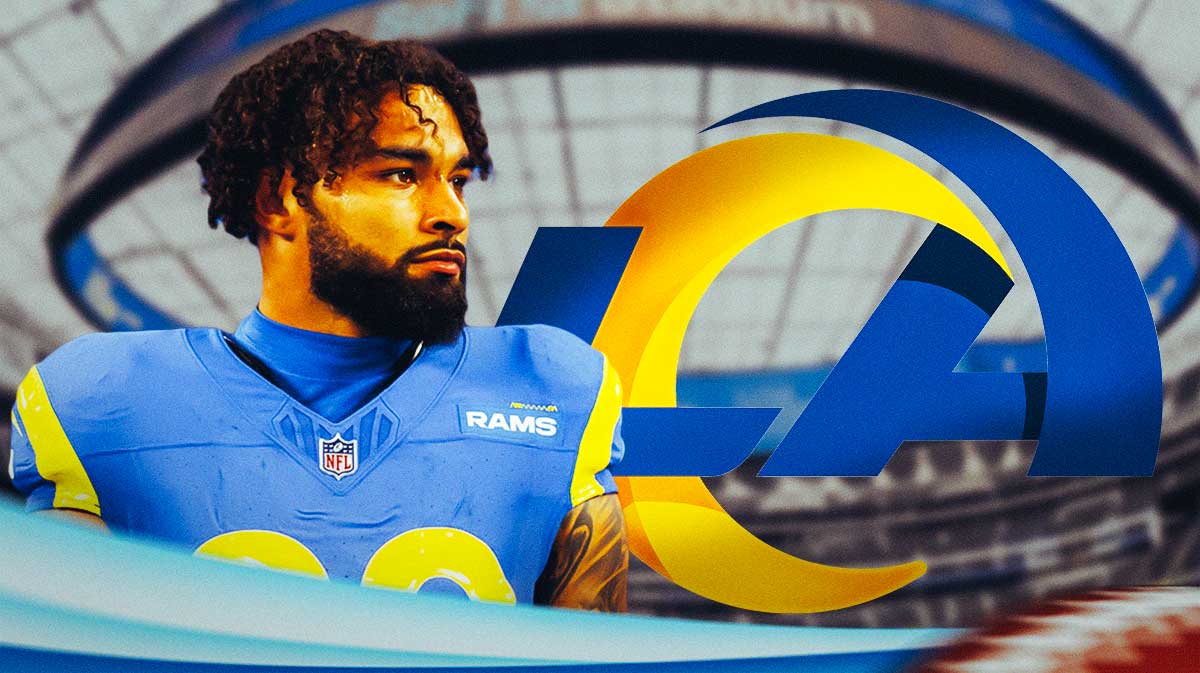 Rams' Kyren Williams looks at offense coaches next to LA logo, Matthew Stafford
