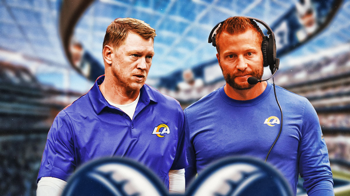Scott Frost photoshopped in Rams coaching gear and Sean McVay in Rams coaching gear.