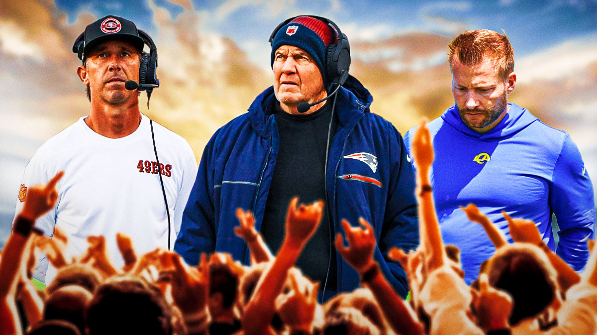 San Francisco 49ers head coach Kyle Shanahan, former New England Patriots head coach Bill Belichick, and Los Angeles Rams head coach Sean McVay