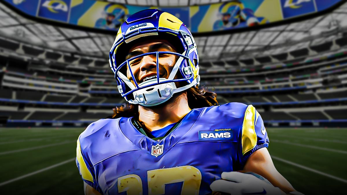 Rams Puka Nacua with a football background