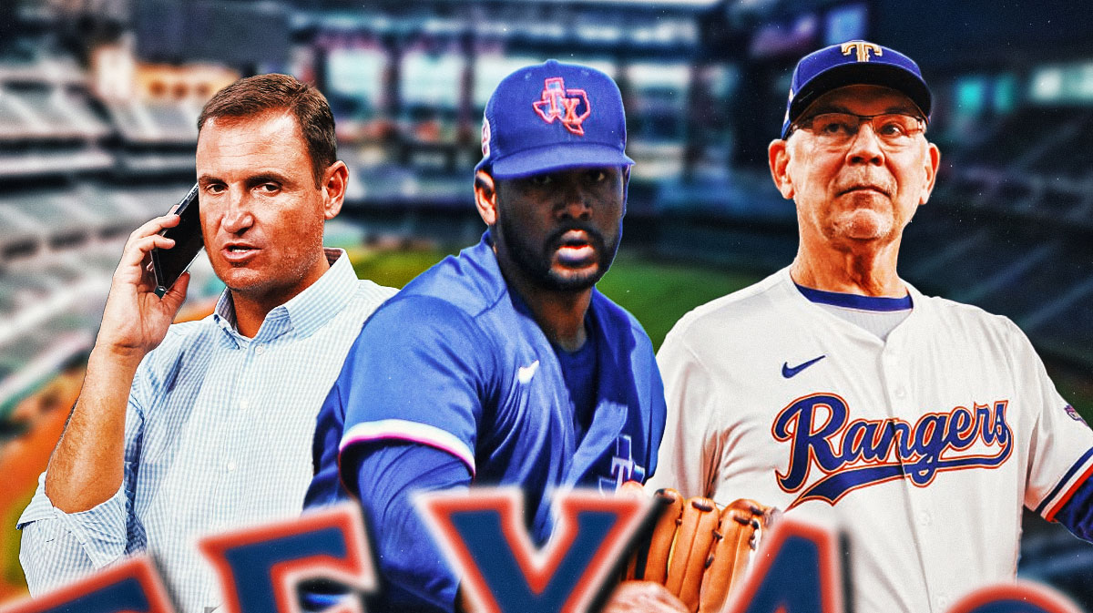 Kumar Rocker (Rangers minor leaguer) pitching, Rangers GM Chris Young and manager Bruce Bochy to either side of him. Background Globe Life Field
