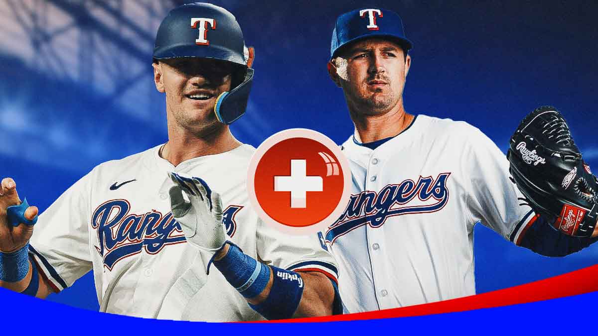 Josh Jung in a Texas Rangers uniform and Tyler Mahle in a Texas Rangers uniform with a red and white first aid symbol as both players are on the injured list and the rangers won't repeat as World Series champs.