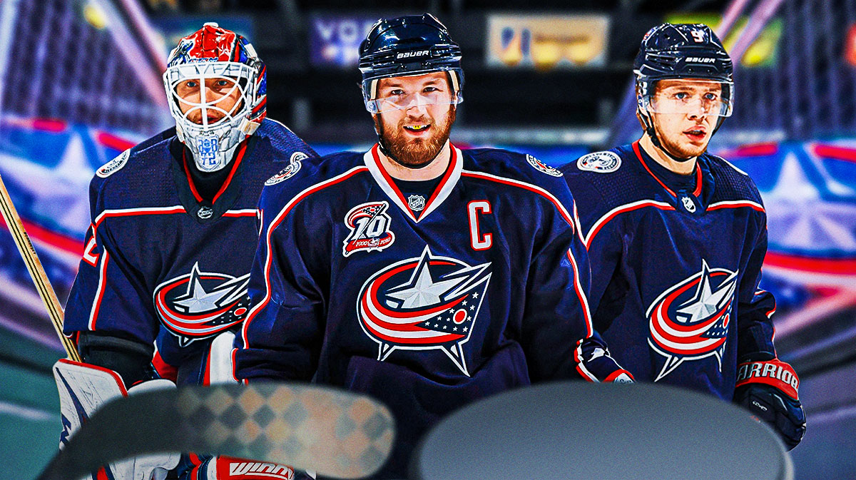 Sergei Bobrovsky, Rick Nash, Artemi Panarin in Blue Jackets gear