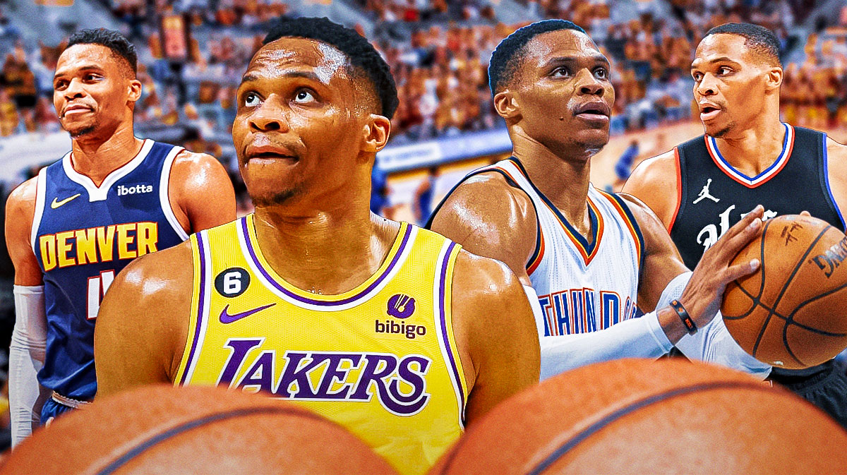 Russell Westbrook playing for the Nuggets, Lakers, Thunder, and Clippers.