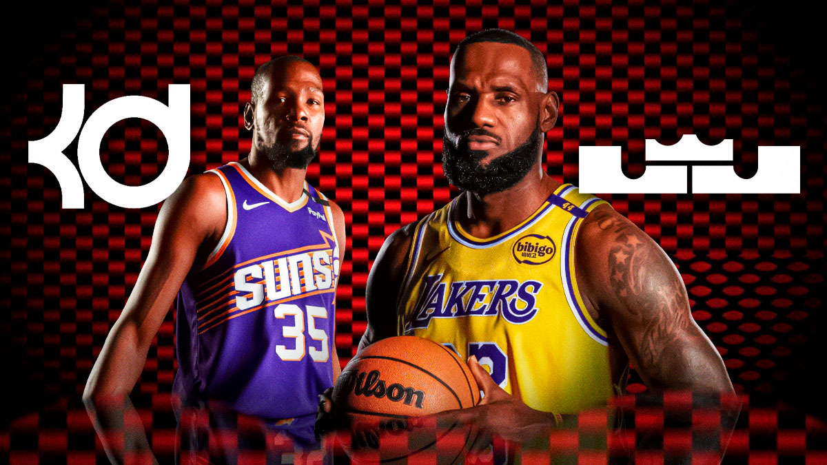 Kevin Durant and LeBron James with their logos.