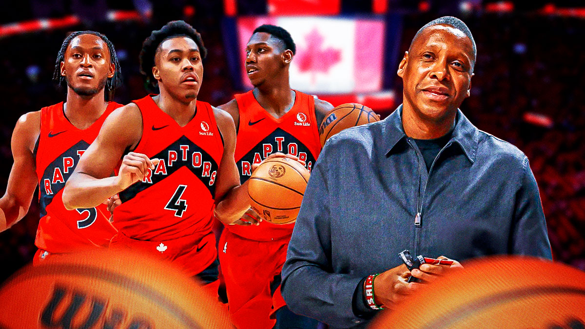 Photo: Masai Ujiri standing in front, Scottie Barnes, Immanuel Quickley, RJ Barrett behind him in Raptors jerseys in action