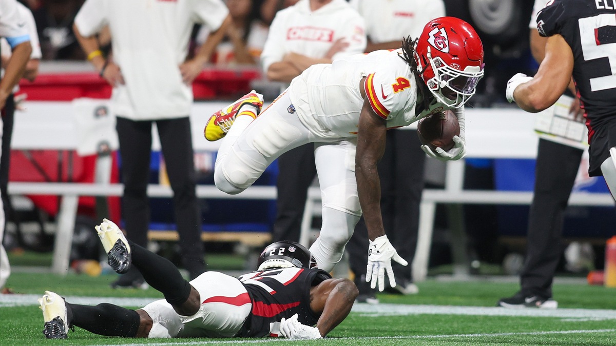 Kansas City Chiefs wide receiver Rashee Rice (4) runs after a catch against the Atlanta Falcons in the second quarter at Mercedes-Benz Stadium.