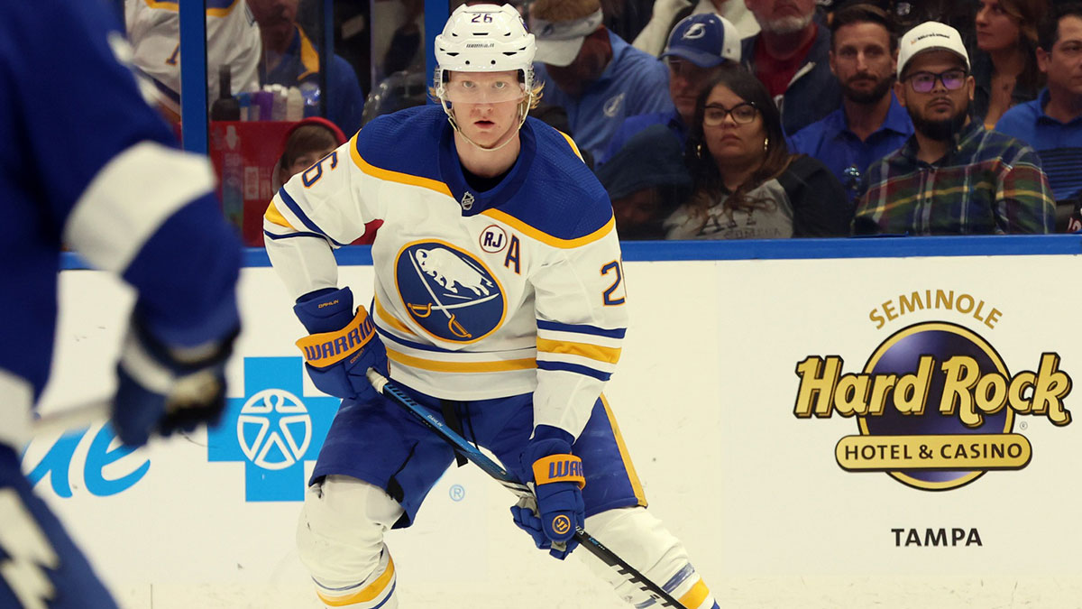 Buffalo Sabres defenseman Rasmus Dahlin (26) skates with the puck against the Tampa Bay Lightning during the second period at Amalie Arena.