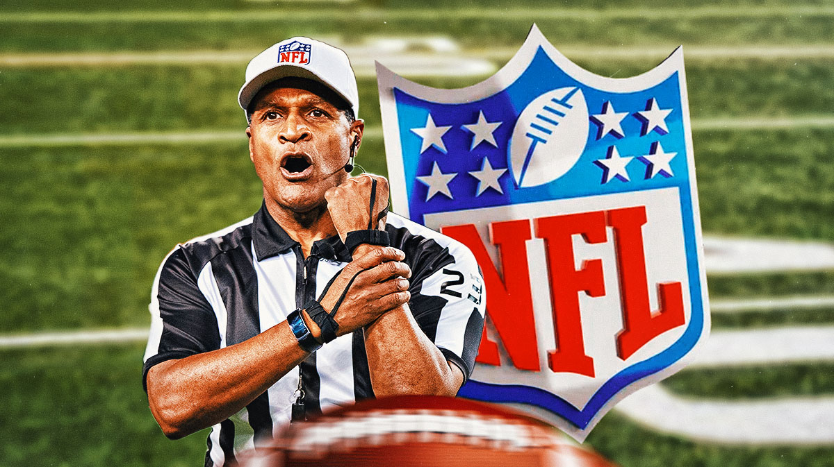 NFL referee next to a NFL logo Ravens chain gang