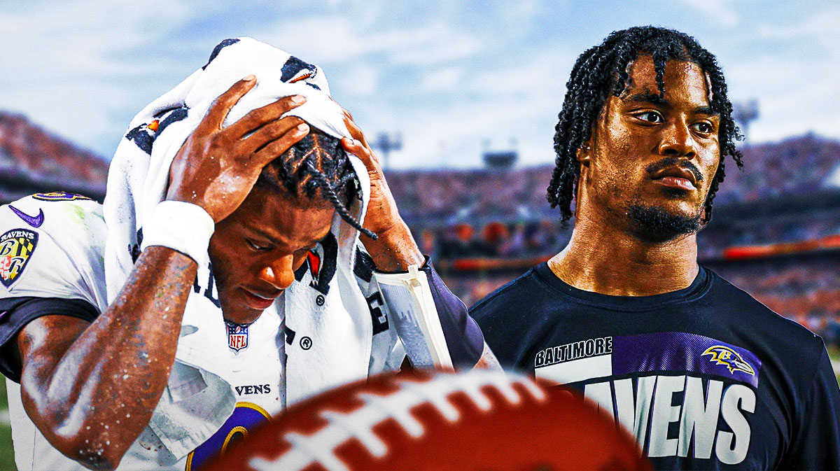 Baltimore Ravens QB Lamar Jackson with tight end Isaiah Likely. They are both looking down and sad.