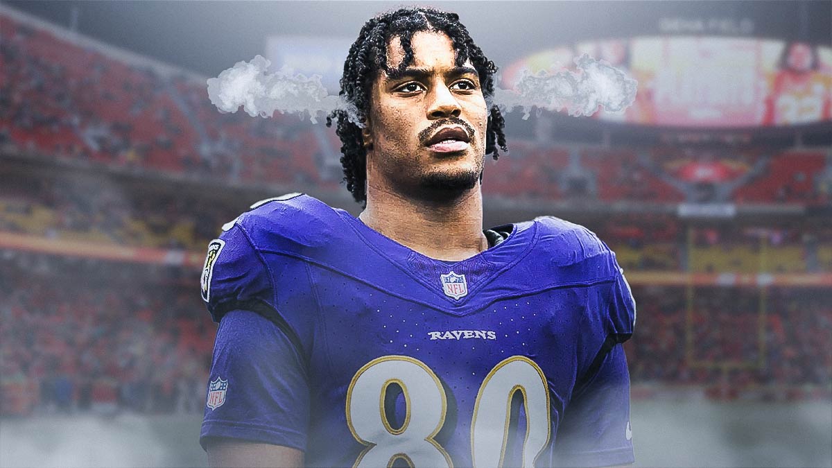 Ravens TE Isaiah Likely with steam coming out of ears, Arrowhead Stadium in back