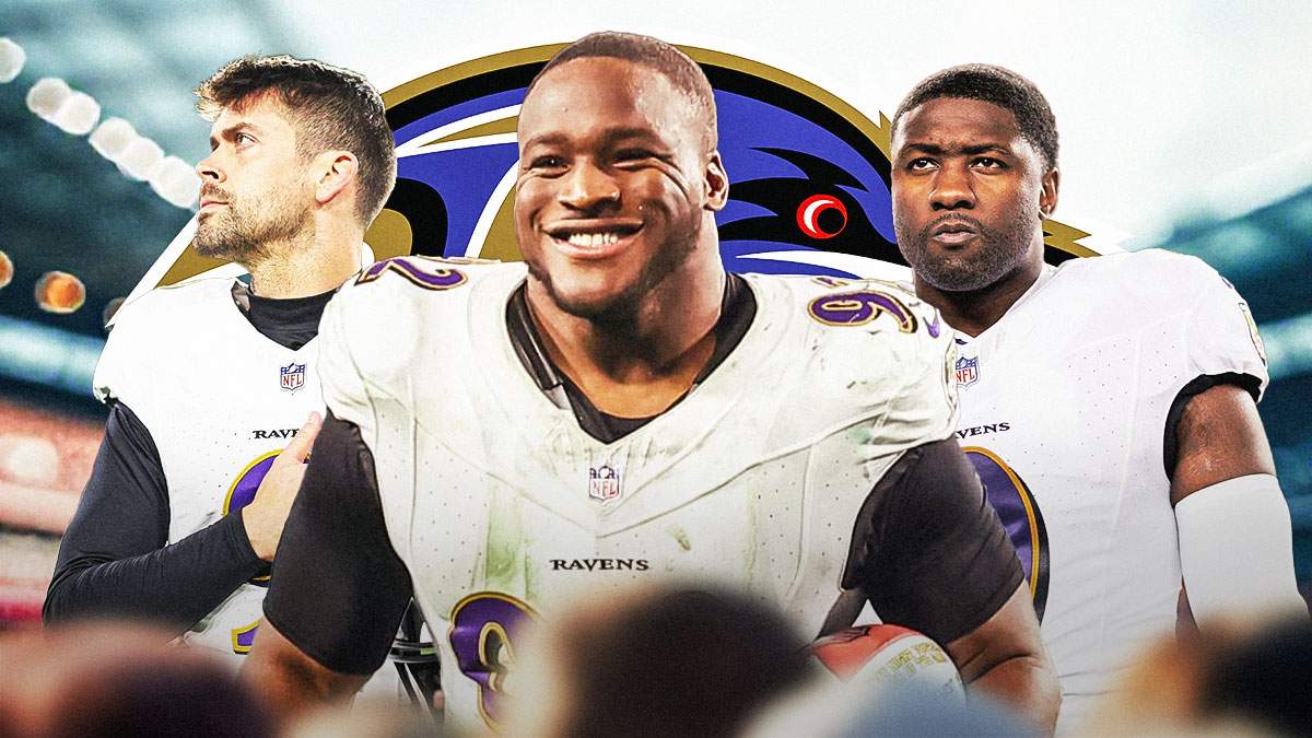 Ravens Justin Madubuike, Justin Tucker and Roquan Smith in front of a Ravens logo