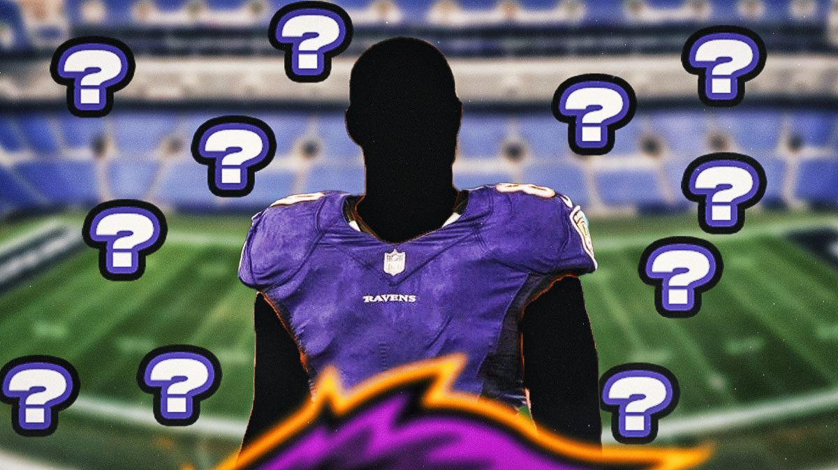 Silhouetted Ravens player surrounded by question marks with a Ravens-themed bg.