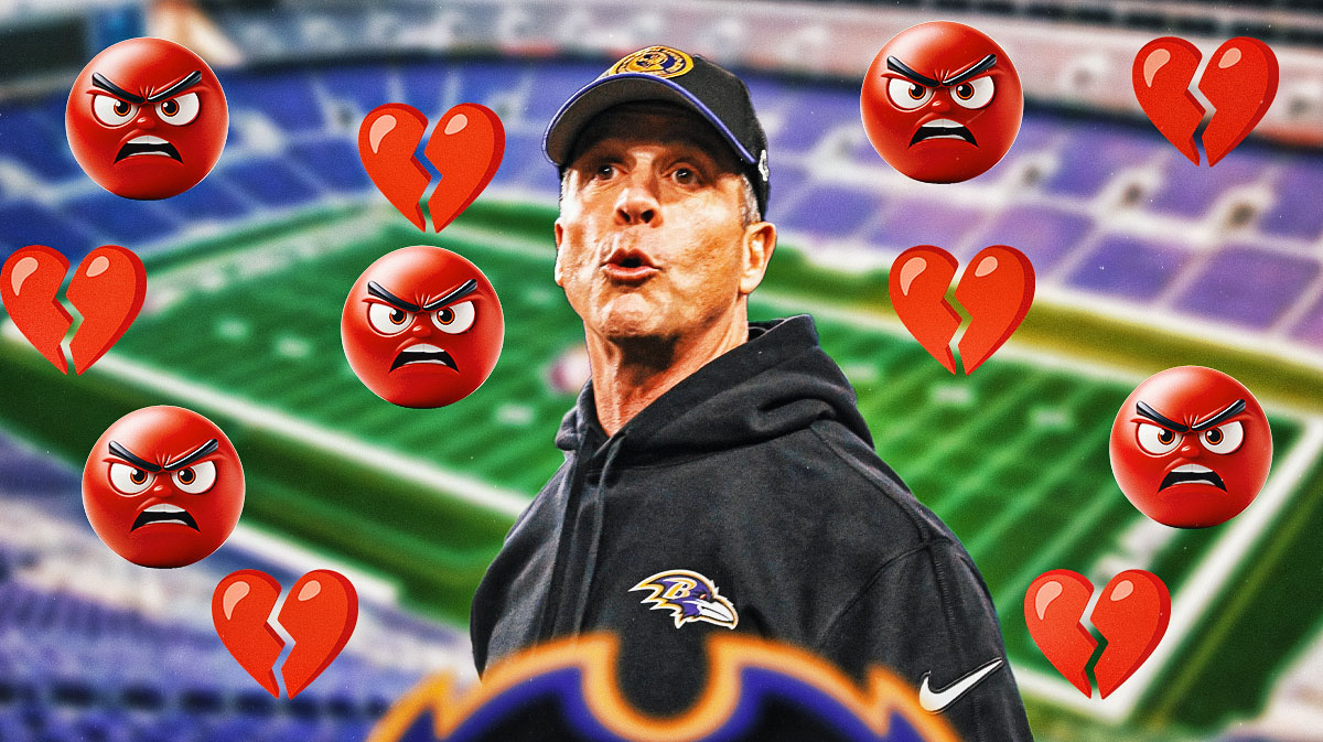 John Harbaugh surrounded with a broken heart and angry face emojis