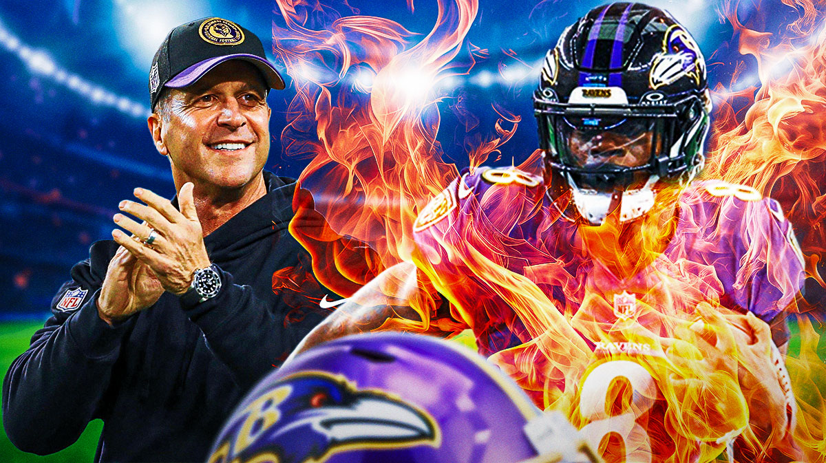 John Harbaugh and Lamar Jackson with on fire flames around Jackson.