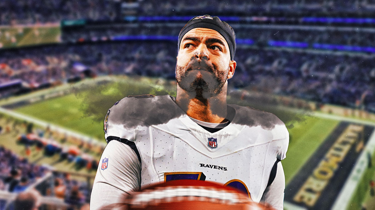 Kyle Van Noy with steam from his nose surrounded by question marks featuring a Ravens-themed BG.
