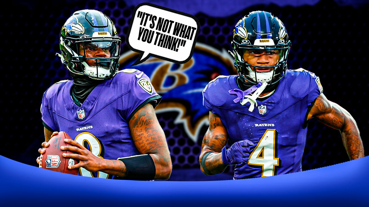 Lamar Jackson with a speech bubble saying, "It's not what you think!" standing next to Zay Flowers featuring a Ravens-themed bg.