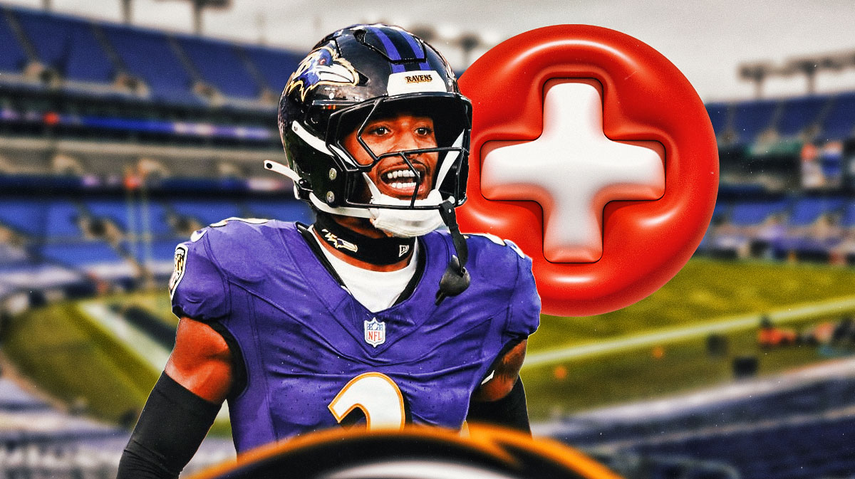 Nate Wiggins in a Ravens jersey with a medical red cross next to him.