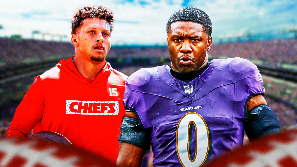 Ravens linebacker Roquan Smith with angry eyes next to Chiefs quarterback Patrick Mahomes