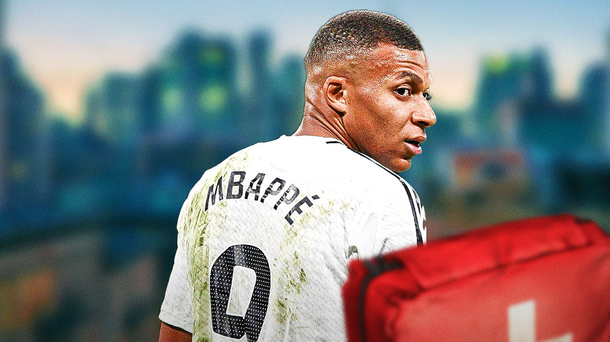 Real Madrid player Kylian Mbappe next to a first aid kit