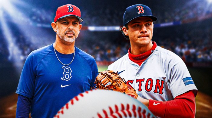 Bobby Dalbec (Red Sox) in foreground. Manager Alex Cora and Fenway Park background.