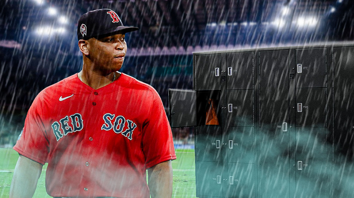 Red Sox infielder Rafael Devers staring at a locker with a sad look on his face next to a Red Sox logo with rain coming down in the background