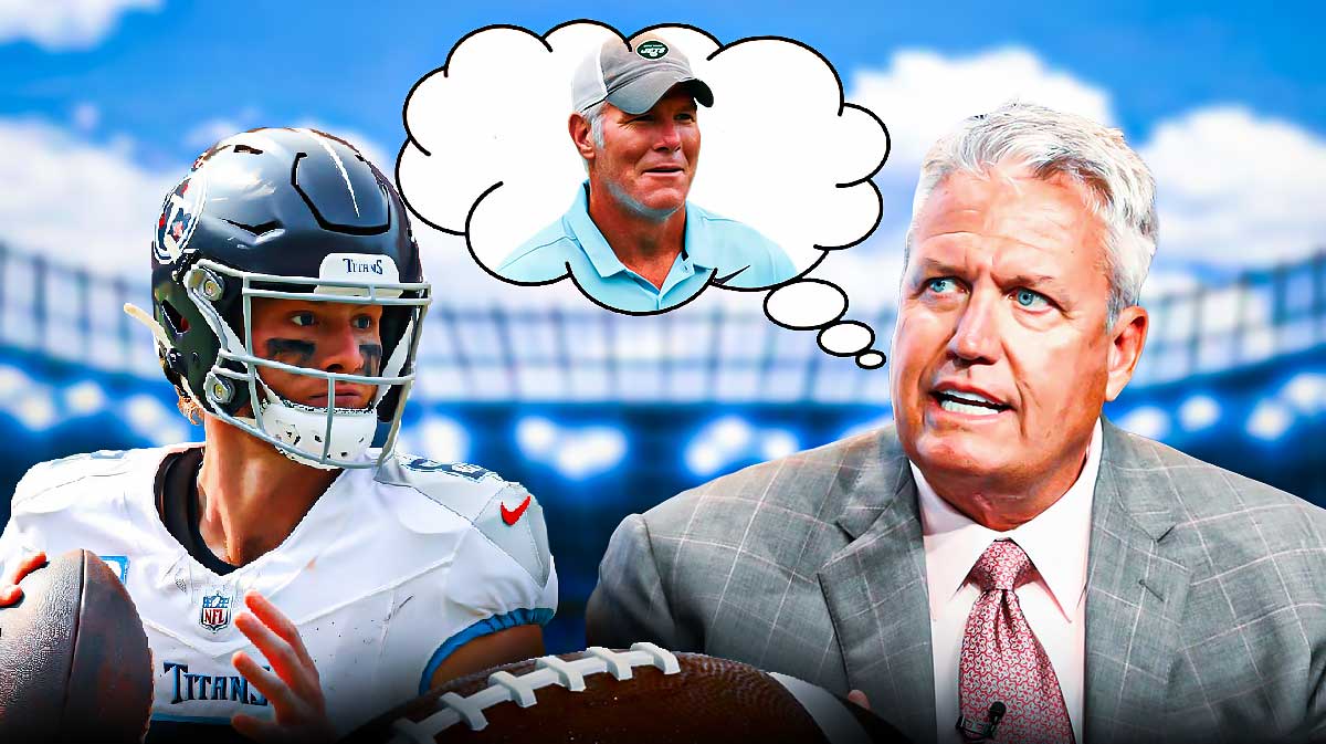 ESPN "Get Up" host Rex Ryan looking angry, with a picture of Tennessee Titans quarterback Will Levis next to him. Ryan also has a thought bubble of Brett Favre in a New York Jets uniform.