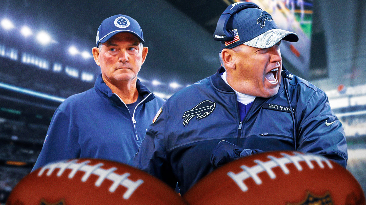 Rex Ryan yelling in the foreground with defensive coordinator Mike Zimmer in Dallas Cowboys gear in the background as Ryan believes he would have been a better defensive coordinator for the Cowboys than Zimmer.