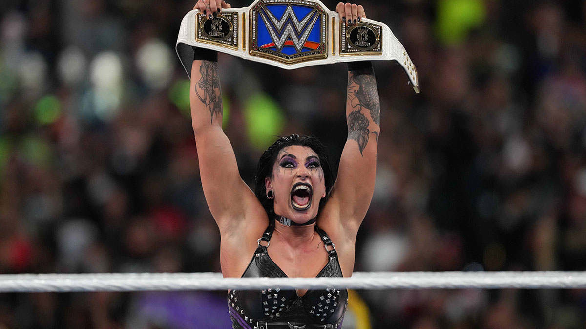 Rhea Ripley after winning at WrestleMania 39 Night 1 on April 1, 2023.