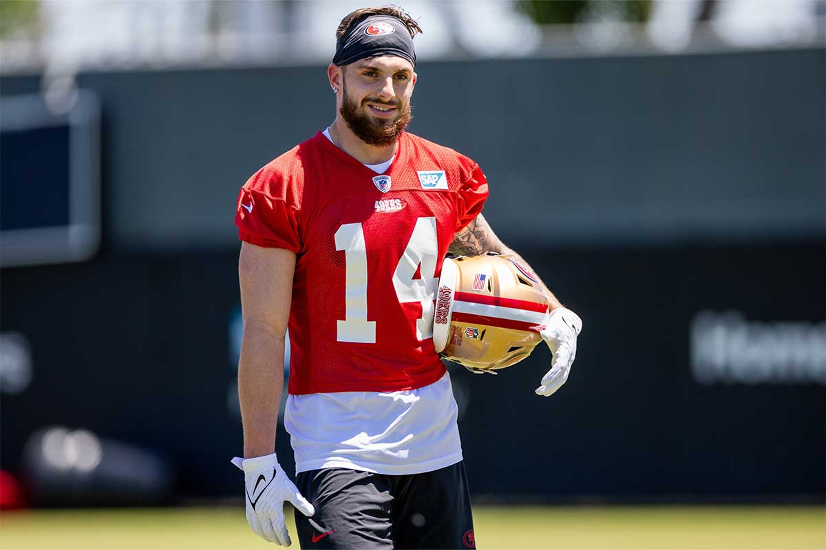 San Francisco 49ers wide receiver Ricky Pearsall (14) smiles during the 49ers rookie minicamp at Levi’s Stadium in Santa Clara, CA.