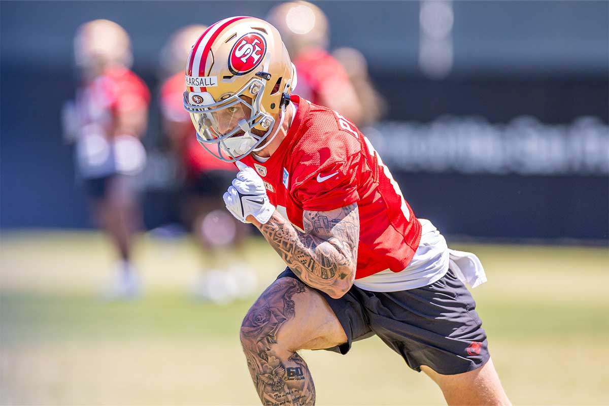 San Francisco 49ers wide receiver Ricky Pearsall (14) runs drills during the 49ers rookie minicamp at Levi’s Stadium in Santa Clara, CA.