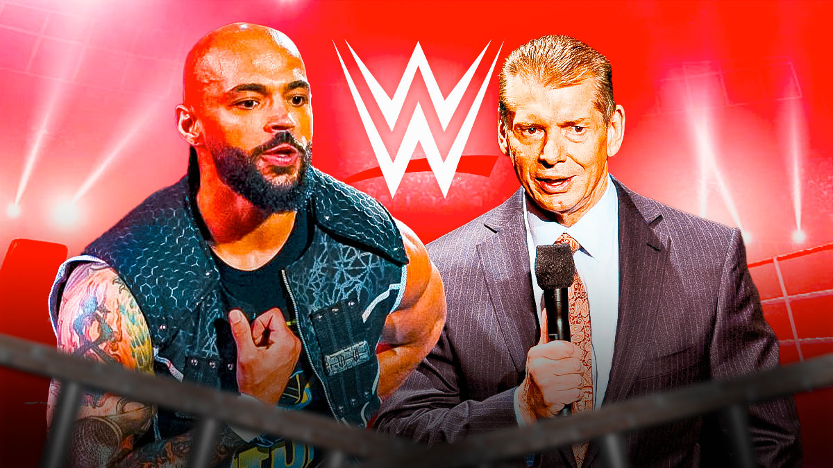 Ricochet next to Vince McMahon with the WWE logo as the background.