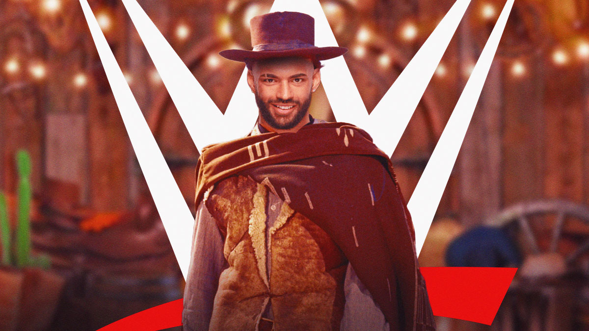 Ricochet's face on The Man With No Name's body in front of a Western motif with the WWE logo in the background.