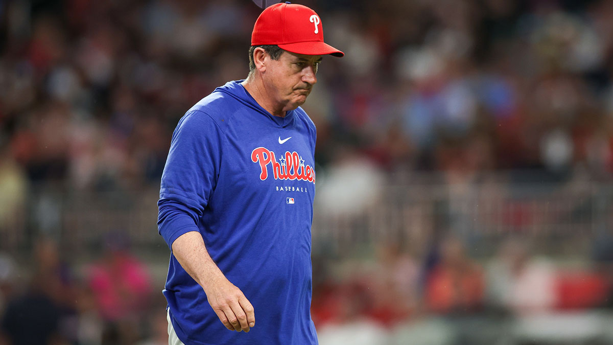 Philadelphia Phillies manager Rob Thomson (59) makes a pitching change against the Atlanta Braves in the sixth inning at Truist Park.