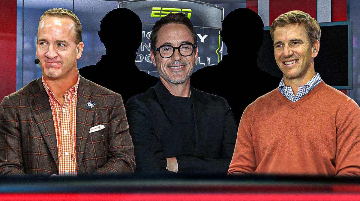 Peyton and Eli Manning with ManningCast logo with musical cameo Robert Downey Jr. and two silhouettes.