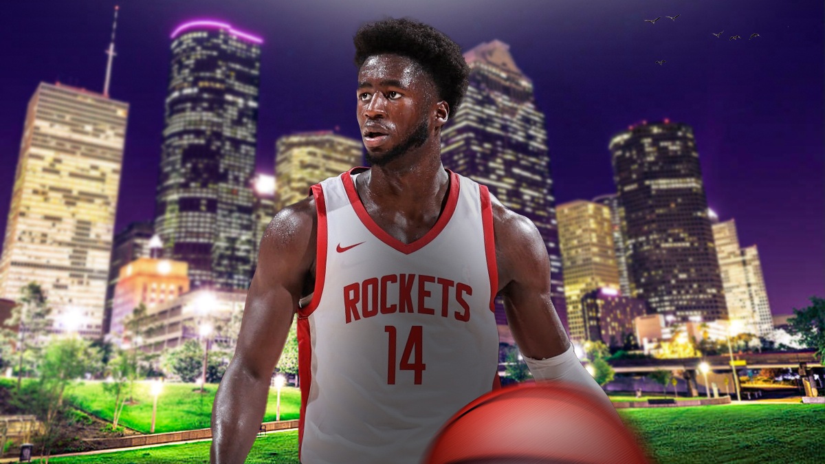AJ Griffin in a Rockets jersey looking serious on a Houston city background or just a generic basketball background