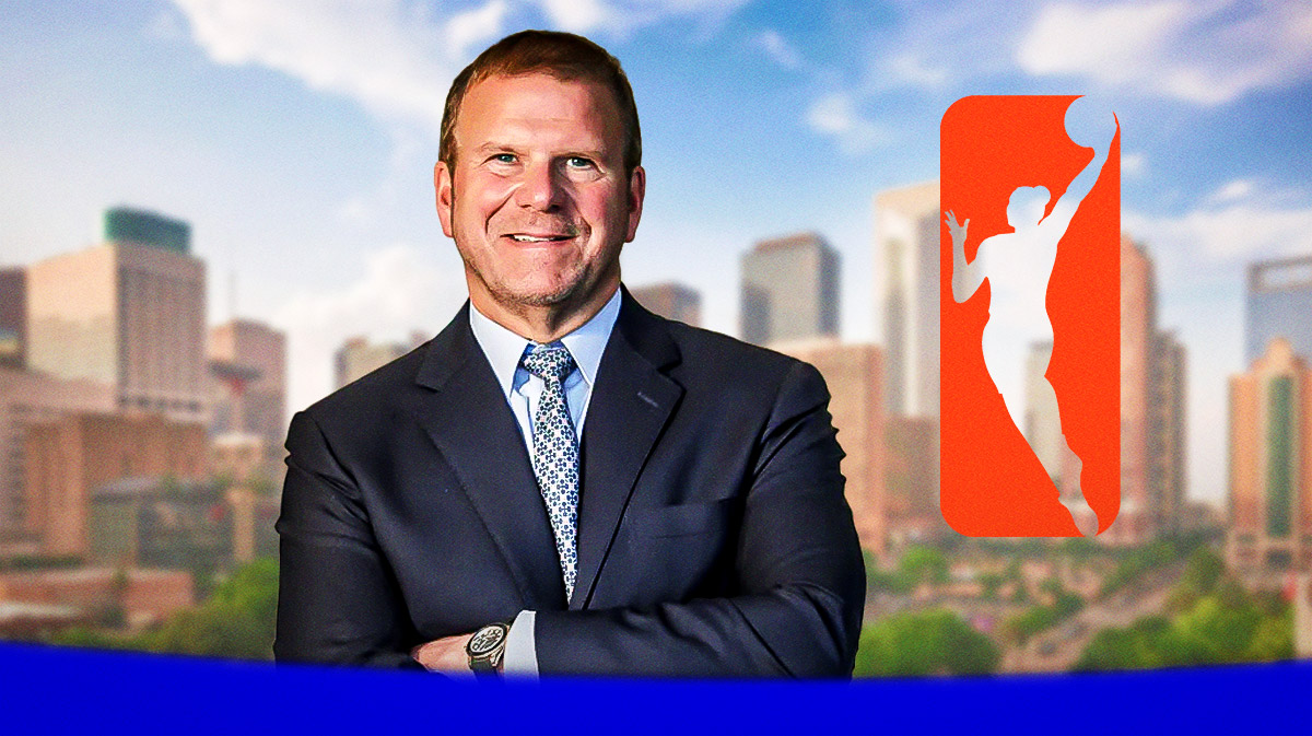 NBA Houston Rockets owner Tilman Fertitta, with the WNBA logo and the city of Houston, Texas as the background
