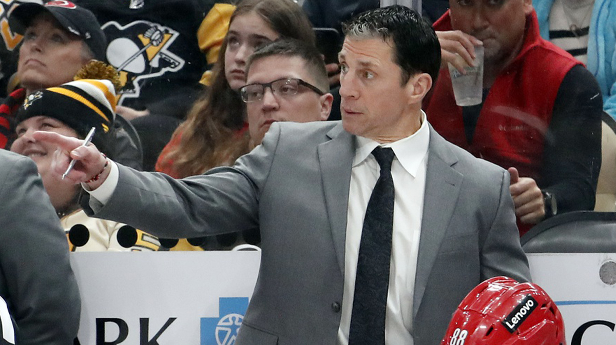 Carolina Hurricanes head coach Rod Brind'Amour gestures on the bench against the Pittsburgh Penguins during the third period at PPG Paints Arena. Pittsburgh won 4-1.