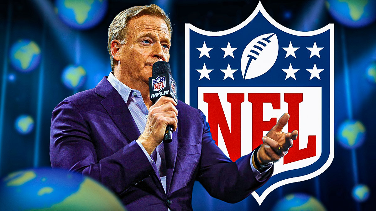 Roger Goodell surrounded by globe emojis 🌍🌎 next to a big NFL logo