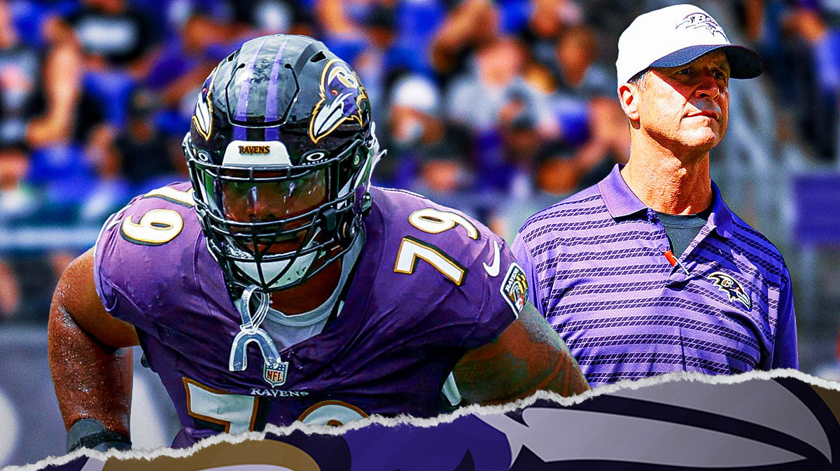 Baltimore Ravens tackle Ronnie Stanley with fire in his eyes. He is next to head coach John Harbaugh. There is also a logo for the Baltimore Ravens.