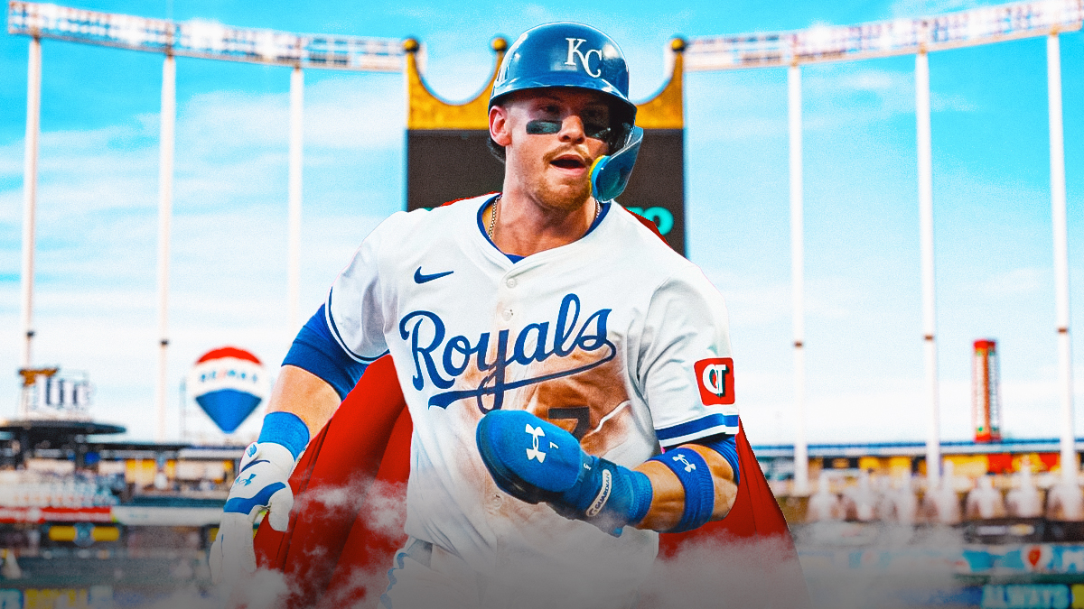 Bobby Witt Jr. in a Kansas City Royals uniform with a superman cape on as he made an incredible catch for the Royals who could clinch a playoff berth for the first time in nine years as the Royals magic number is now three.