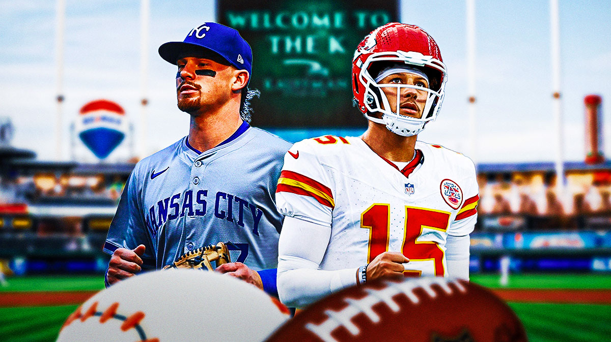 Patrick Mahomes (chiefs) and Bobby Witt Jr (Royals) side by side in front of Kauffman Stadium